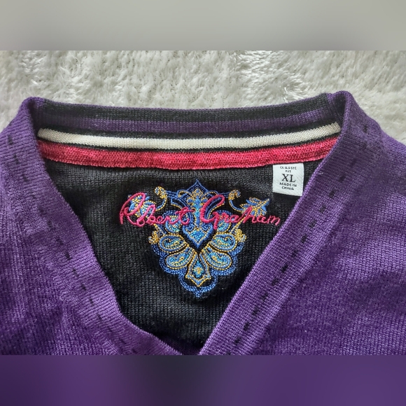 Robert Graham Classic Fit V-Neck Wool Sweater Long sleeve Men Purple XL - Picture 2 of 9